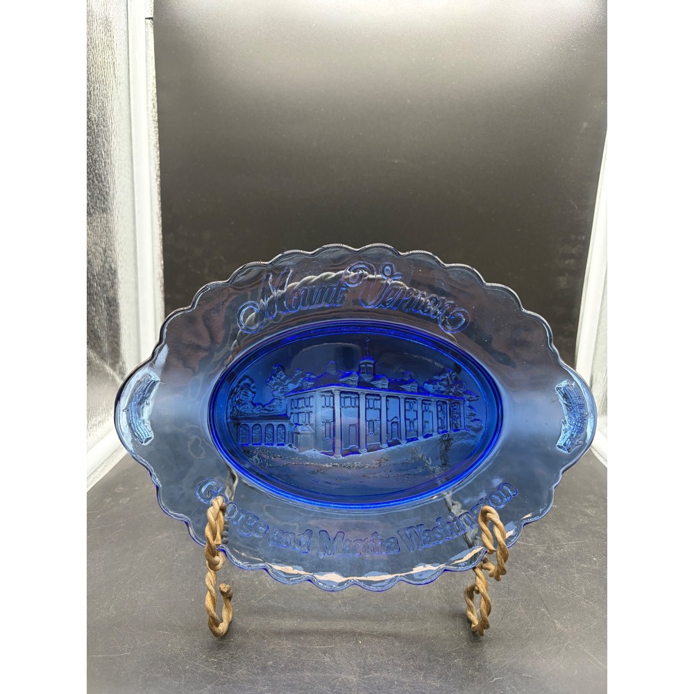 Avon Cobalt Blue Glass Mount Vernon George Martha Washington Oval Plate Tray